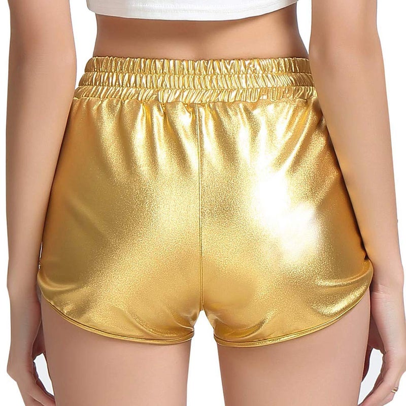 techcity Women's Yoga Hot Shorts Elastic Waist Shiny Metallic Pants (Gold, M) - Image 4